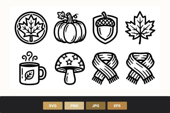 Autumn Line Art Icons for Embroidery Projects