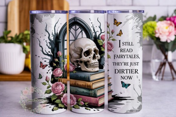 Gothic Skull Books Roses Skinny Tumbler