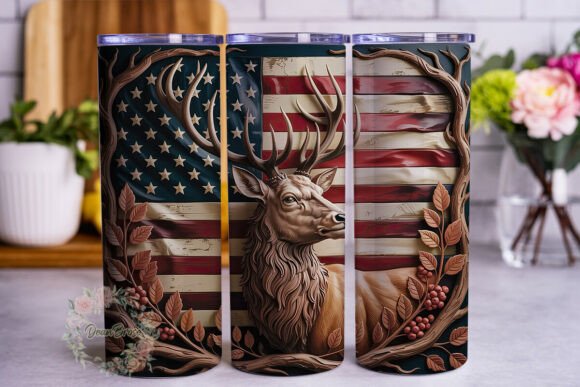 Rustic Stag Flag Wood Carve Tumbler Wrap